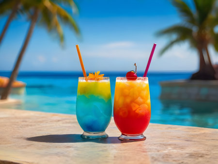 Tropical cocktails on the beach in Maldives. Summer vacation conceptの素材