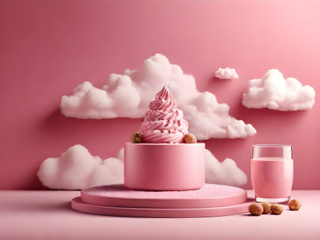 Creamy pink ice cream and glass of water with clouds on pink backgroundの素材