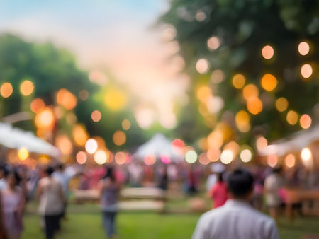 Blurred image of people walking in the park with bokeh background.の素材