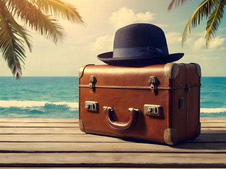 Vintage suitcase and hat on wooden table with sea background. Travel conceptの素材