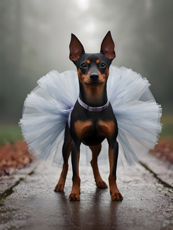 Puppy of a miniature pinscher in a ballet tutuの素材