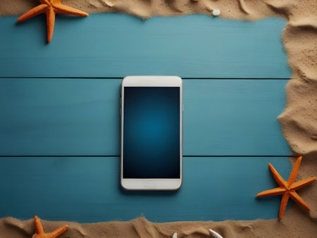 Smartphone on a blue wooden background with starfishes and sandの素材