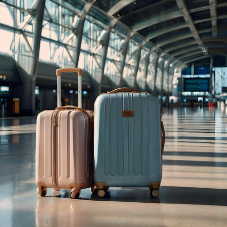 Two travel suitcases in the airport terminal. 3d rendering.の素材