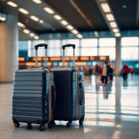 Two travel suitcases in the airport. Travel and tourism concept.の素材
