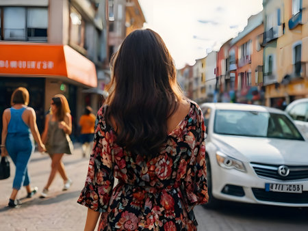 Back view of young woman in floral dress walking on the street.の素材