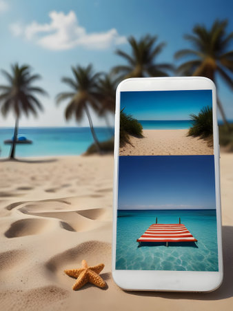 Mobile phone with summer photos on the sandy beach. 3d renderingの素材