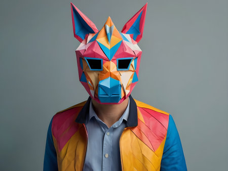 Portrait of a man in a colorful superhero mask on a gray backgroundの素材