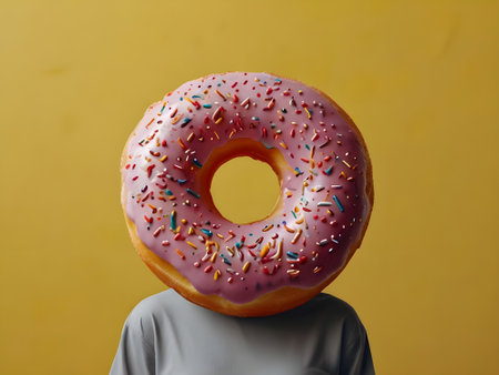 Woman with a donut in her head on a yellow background.の素材