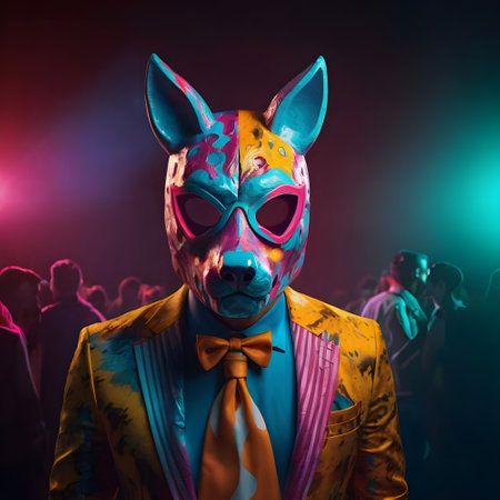 Fashion shot of a man in a colorful carnival mask.の素材