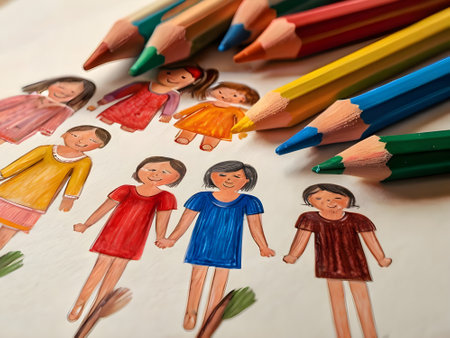 Children drawing with color pencils. Selective focus, shallow depth of field.の素材