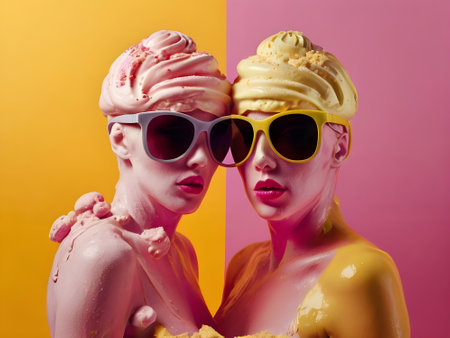 Fashion portrait of two women in sunglasses with ice cream on yellow and pink backgroundの素材
