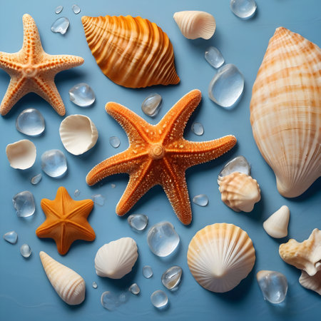 Seashells and starfish on blue background. Top viewの素材