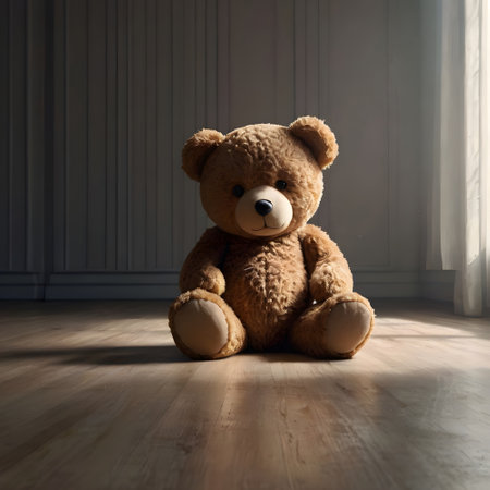 Teddy bear sitting on the floor in the room with sunlight.の素材