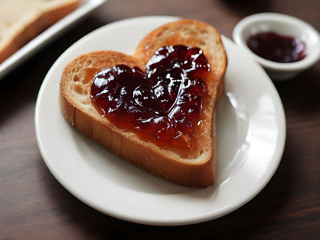Toast with jam in the shape of heart on wooden background.の素材