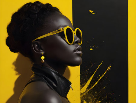 Fashion portrait of beautiful african american woman in yellow glassesの素材