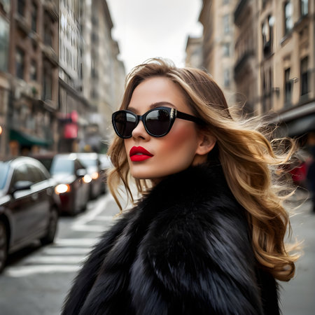 fashion outdoor photo of beautiful sensual woman with blond hair in elegant black coat and sunglasses posing in the cityの素材