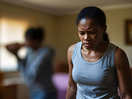 Portrait of sad african american woman standing in corridor at homeの素材