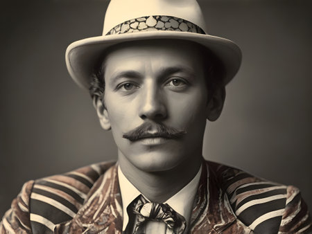 Retro portrait of a man with a mustache in a hat.の素材