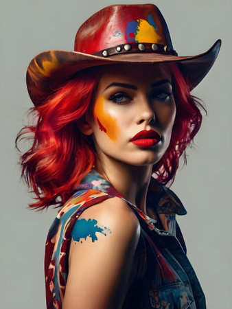 Portrait of a beautiful girl in a cowboy hat with bright makeup.の素材
