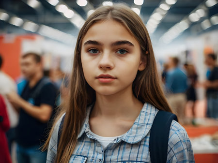 Portrait of a teenage girl in a blue shirt on a background of peopleの素材