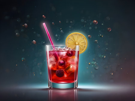 Cocktail with raspberries, lemon and ice on dark backgroundの素材