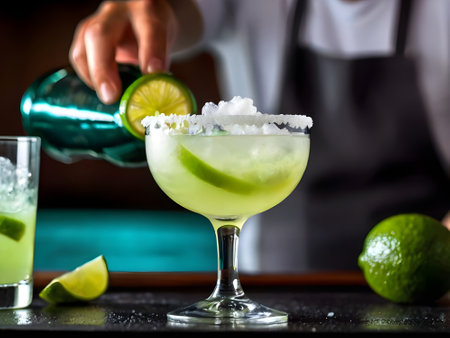 Close-up of a cocktail with lime and ice on the bar counterの素材