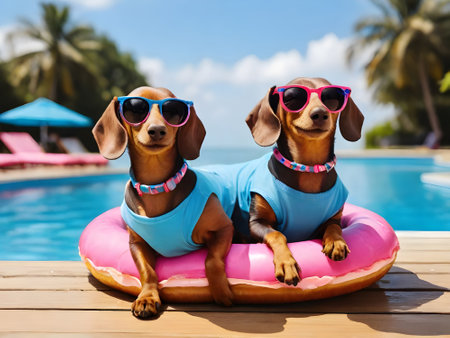 summer holidays, vacation, travel and people concept - close up of two dachshund dogs in swimming trunks and sunglasses over swimming pool backgroundの素材