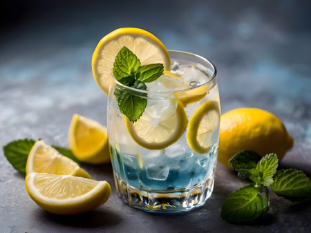 Cocktail with lemon, mint and ice on a blue backgroundの素材