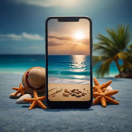 Mobile phone on the beach with starfish and palm tree background.の素材
