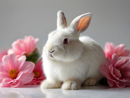 Cute rabbit and flowers on white background, easter concept.の素材