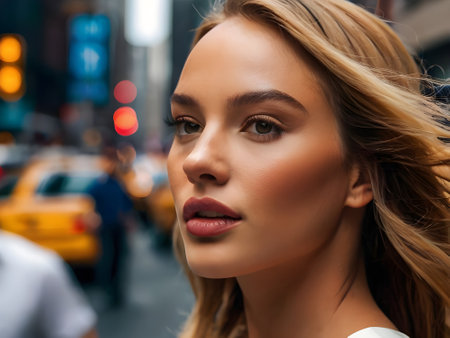 attractive young woman looking at camera while walking on street in cityの素材