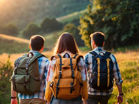 Back view of a group of friends with backpacks standing in the field at sunsetの素材