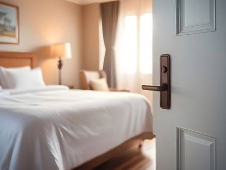 Hotel room interior with door handle, closeup. Interior designの素材
