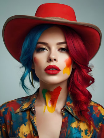 Portrait of beautiful young woman with bright makeup and red lips.の素材