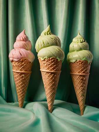 three ice cream cones on a green satin background, close upの素材