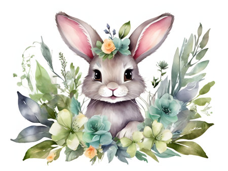 Easter bunny with flowers. Watercolor illustration isolated on white backgroundの素材