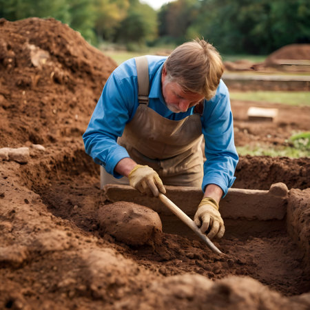 Mature woman building a hole in the ground with a shovel.の素材