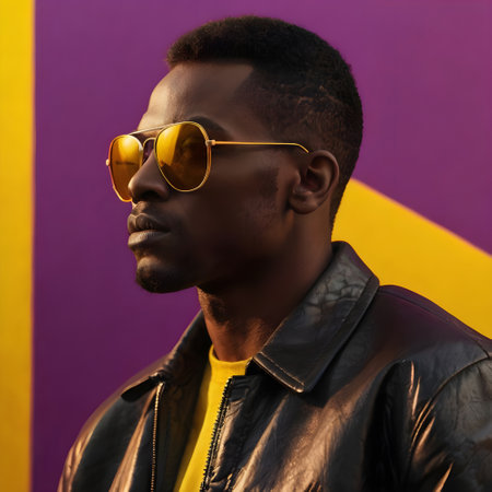 Stylish african american man in leather jacket and sunglasses on colorful backgroundの素材