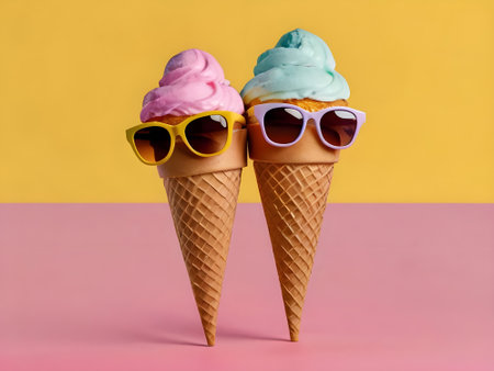 Funny ice cream cones with sunglasses on a pink and yellow backgroundの素材