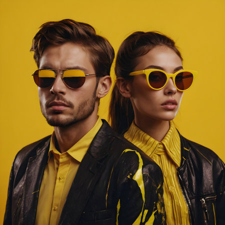 Stylish young couple in leather jackets and sunglasses posing on yellow backgroundの素材