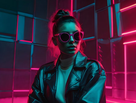 stylish girl in sunglasses and leather jacket looking at camera while standing against neon backgroundの素材