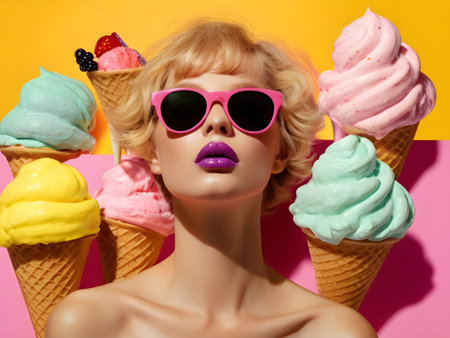 fashion studio photo of beautiful woman with blond hair and bright makeup, posing with ice creamの素材