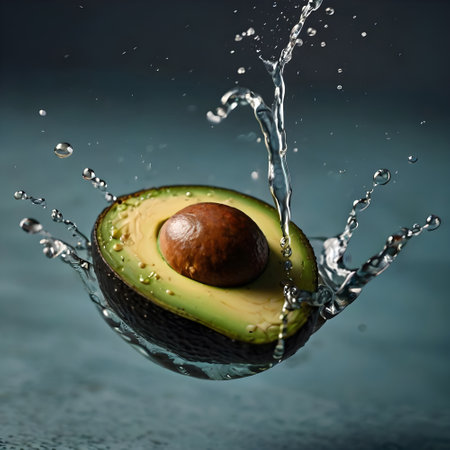 Avocado with water splash on blue background. Healthy food concept.の素材