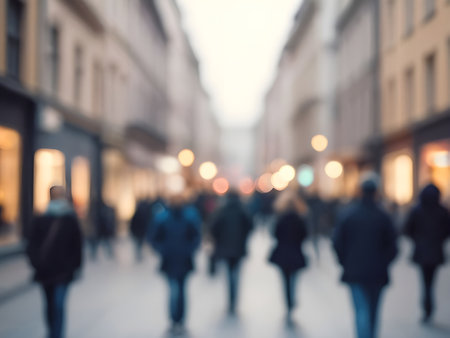 Blurred image of people walking in the city at night. Defocused background.の素材