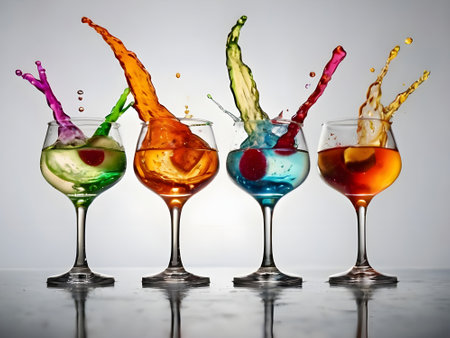 Colorful splashes of wine in glasses on a white background.の素材