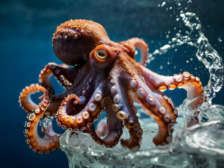 Fresh octopus in the water on a dark blue background. Close up.の素材