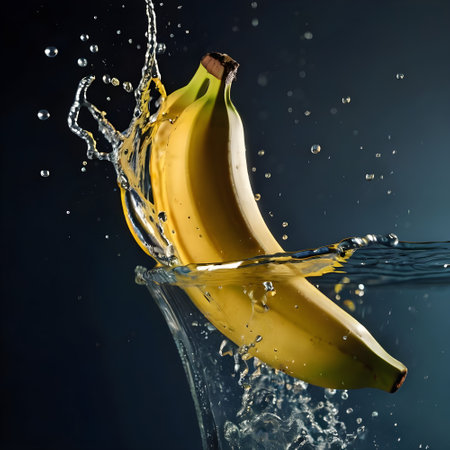 Banana splashing into water on a black background. Fresh fruit.の素材