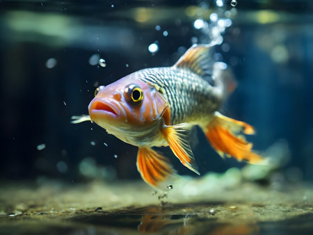 Close-up of a goldfish swimming in an aquarium with water dropsの素材
