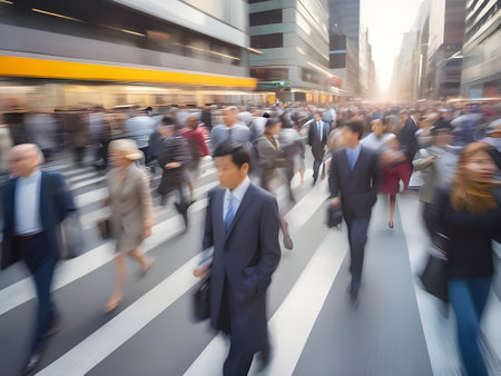 Business people walking in a busy city street with motion blur effect.の素材