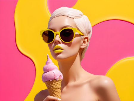 Fashion portrait of young beautiful woman with ice cream on colorful backgroundの素材